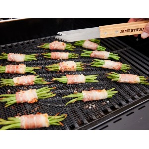 Jamestown Antihaft-Grillmatten 3er-Set rund mit Speckbohnen auf Grill, Grillzange