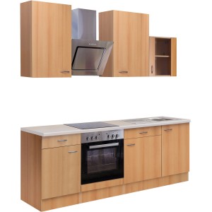 Flex-Well Küchenzeile Classic Nano 220 cm in Buche Nachbildung mit E-Geräten.