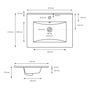Technische Zeichnung: ML-Design Waschbecken, schwarz matt, 61,5x17,5x47 cm, mit Maßen für Installation.