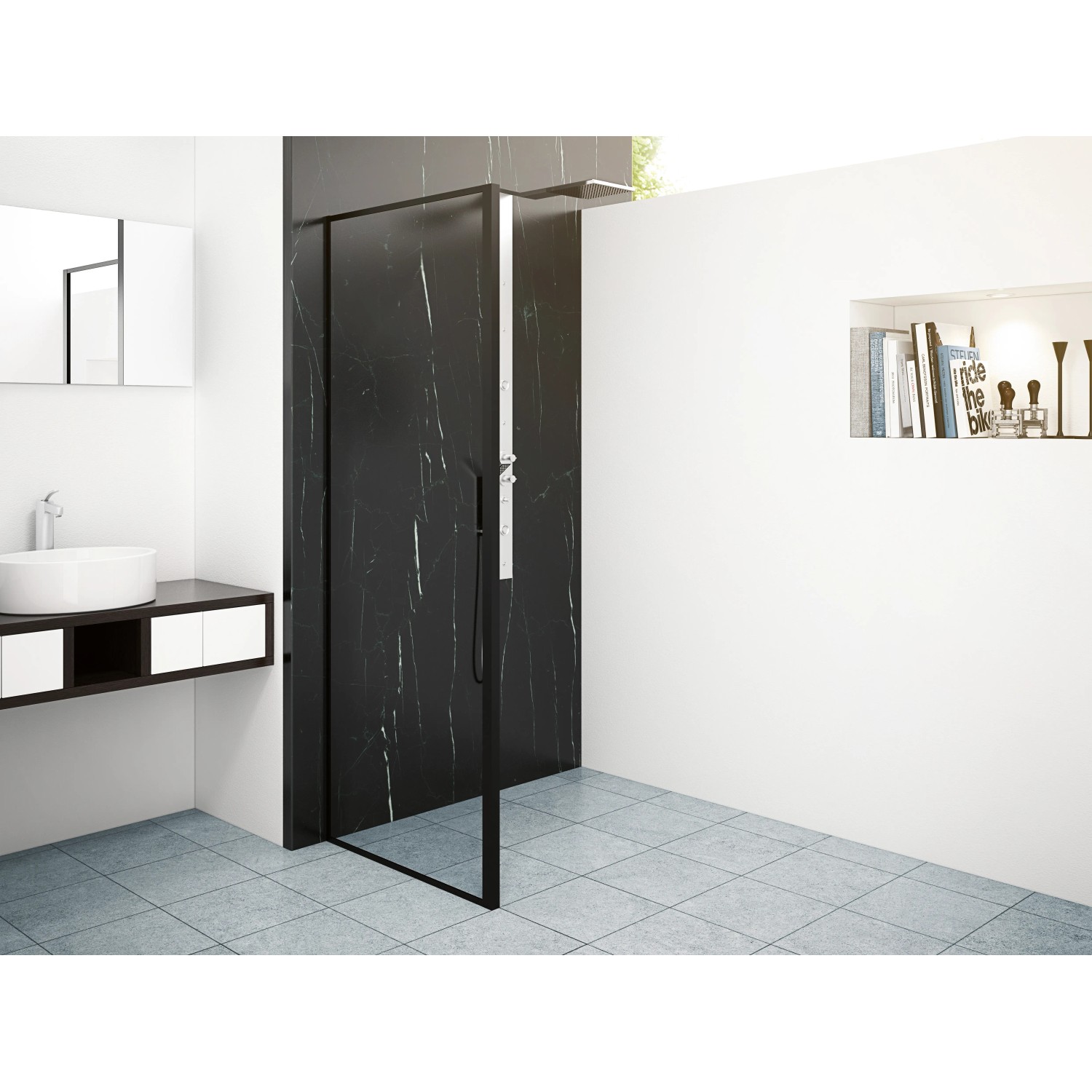 baliv Seitenwand für Duschkabine DUK-90.91W, 90x195 cm, Schwarz, mit klarem Glas und schwarzem Rahmen.