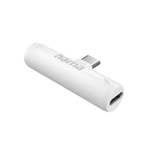 Weißer Hama Audio-Adapter USB-C auf 3,5 mm Klinke mit Ladefunktion.