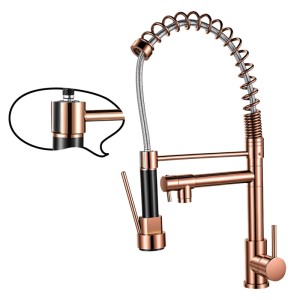 Moderne Roségold Küchenarmatur mit hohem Bogen, ausziehbarer Brause, 360° drehbarem Auslauf. Messing Einhebelmischer.