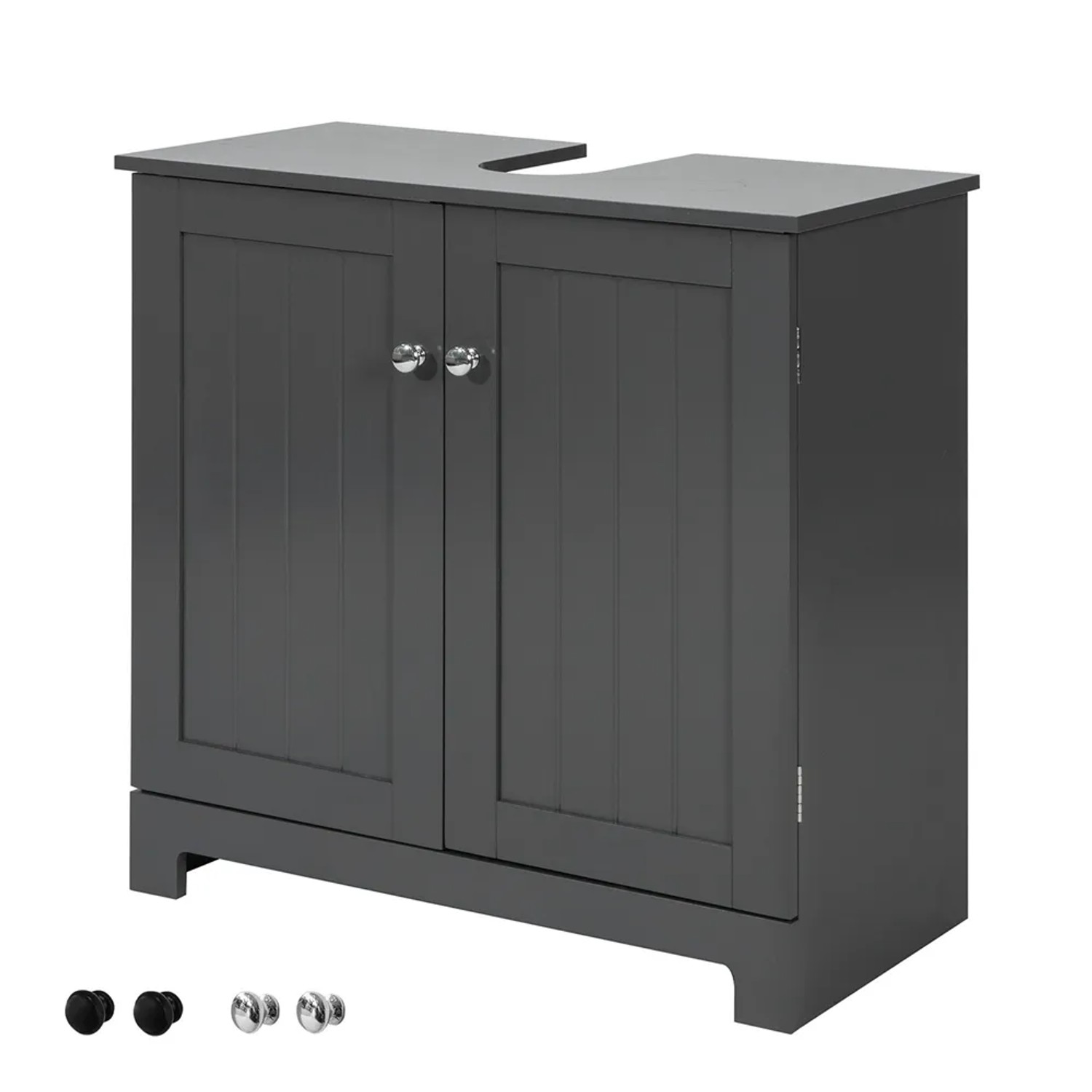 SoBuy Waschbeckenunterschrank BZR18-DG, grau, mit 2 Türen und silbernen Knöpfen.