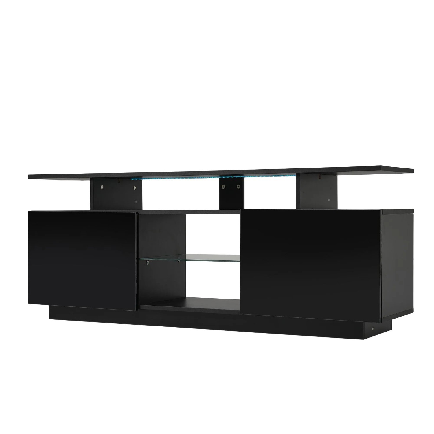 okwish TV Schrank mit LED Licht Stauraum Glasfächern 140x35x55cm Schwarz