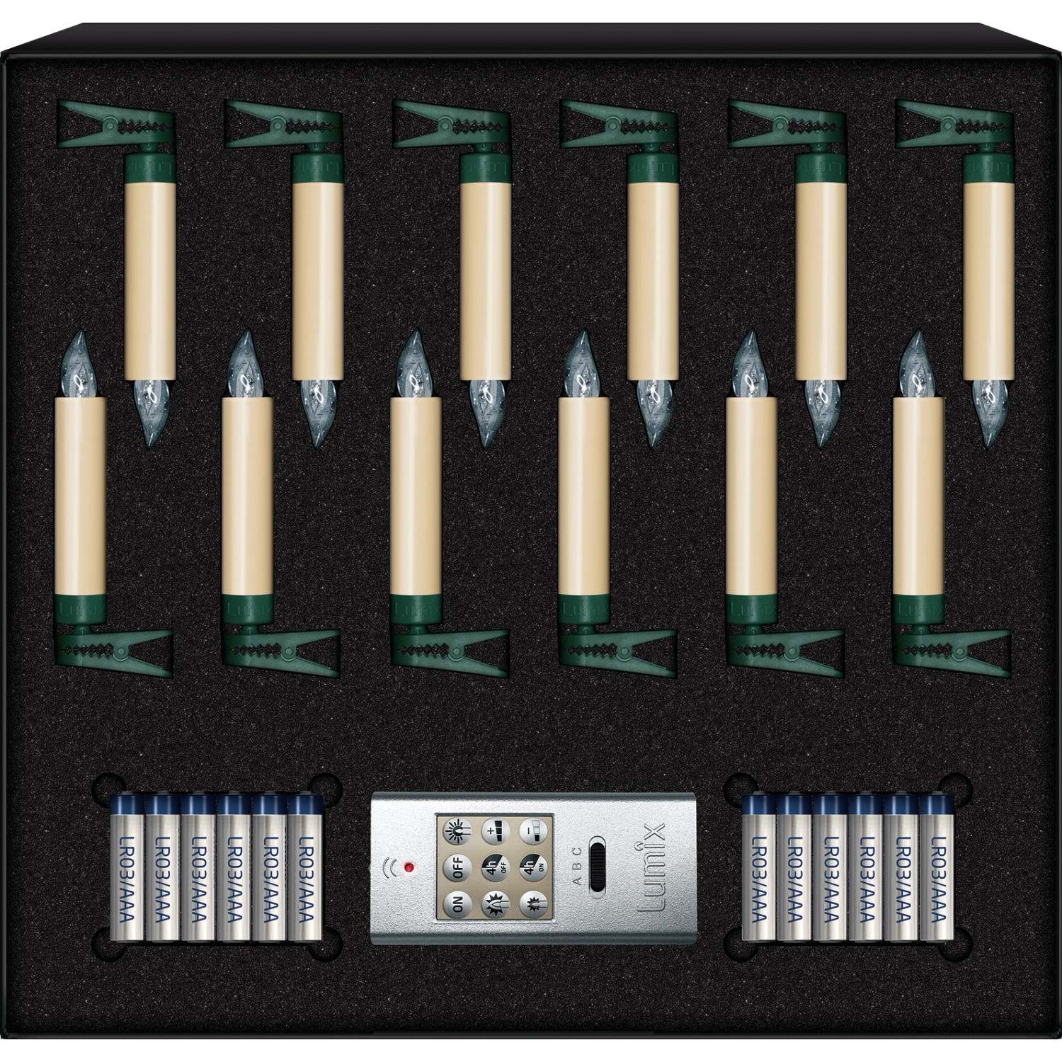 Lumix Mini Christbaumkerzen Elfenbein, 12er Set mit Fernbedienung und Batterien für Innen.