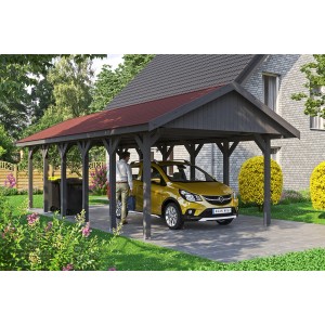Satteldach-Carport Wallgau in Schiefergrau mit roten Dachschindeln und Auto.
