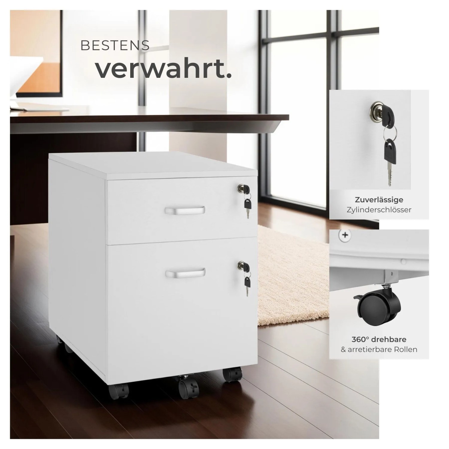Weißer Tectake Rollcontainer Vagur mit 2 abschließbaren Schubladen für A4-Dokumente und Rollen.