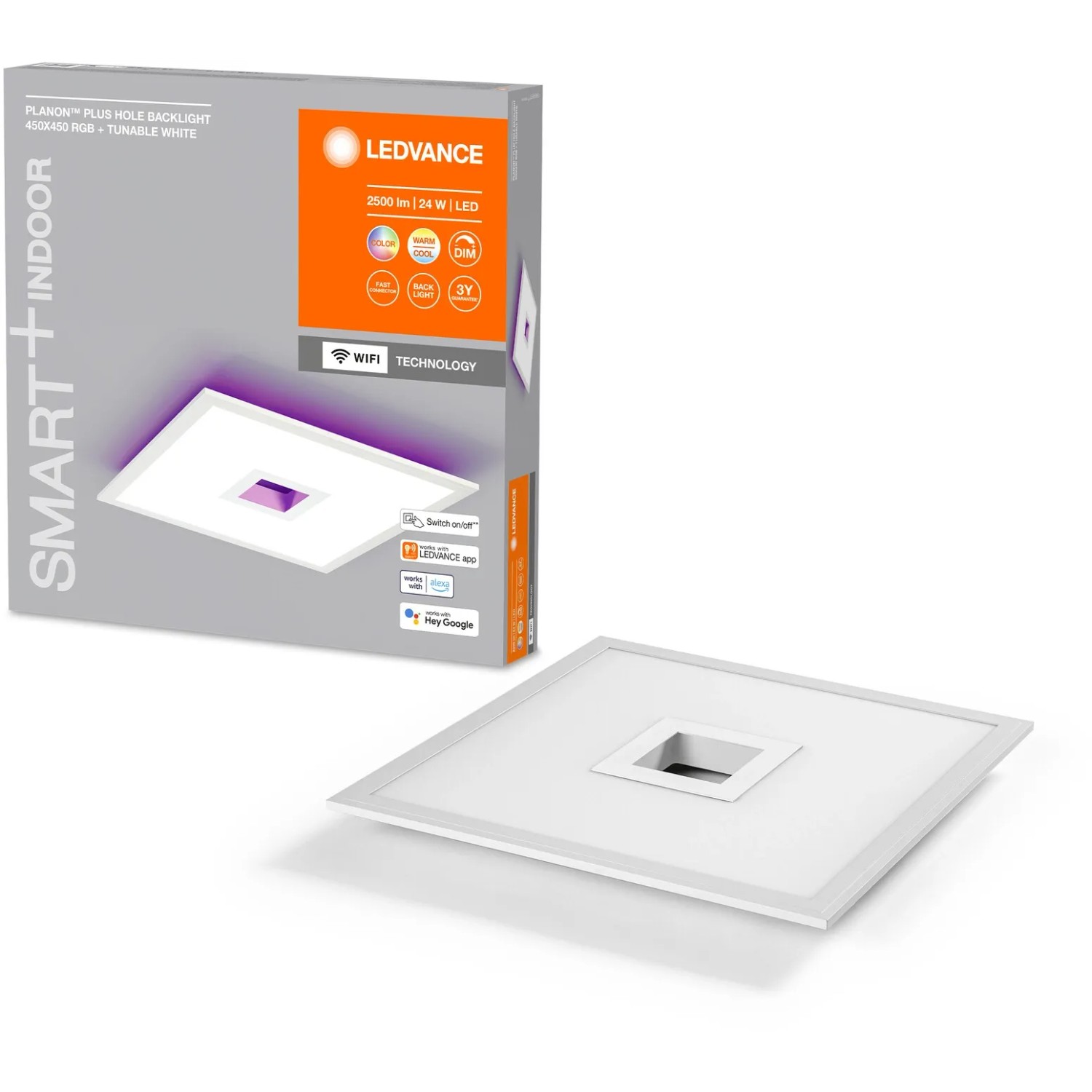 Ledvance Smart+ WiFi Panelleuchte Planon Plus, 45x45cm, mit RGBTW Rücklicht und Verpackung.