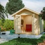 Skan Holz Gartenhaus Palma 3, 250x300 cm, Naturholz mit geöffneten Doppeltüren im Garten.