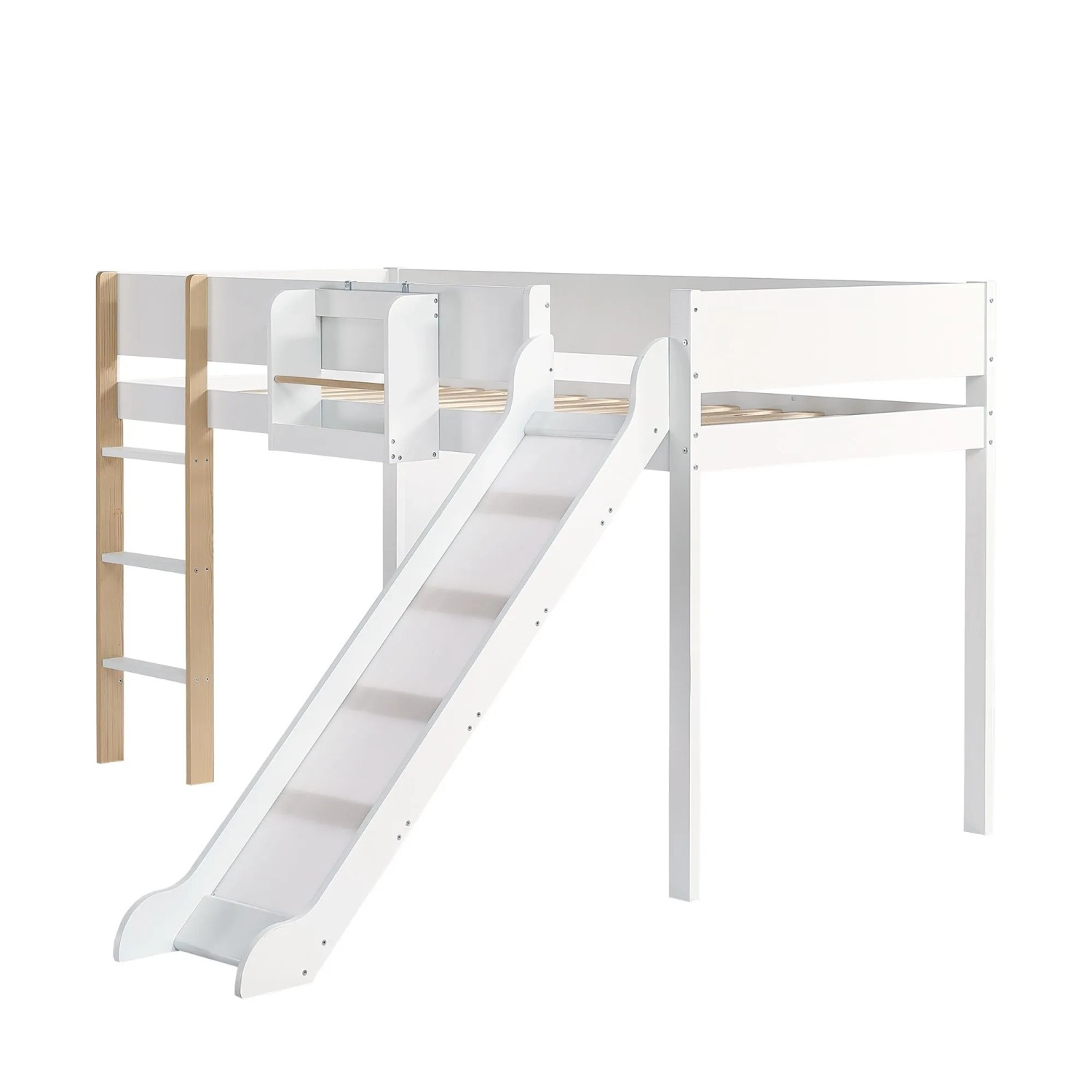 okwish Hochbett 90x200cm mit Rutsche und Regal Kinderzimmer Weiß Natur ohne Matratze