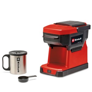 Einhell Akku-Kaffeemaschine TE-CF 18 Solo mit Tasse und Dosierlöffel.