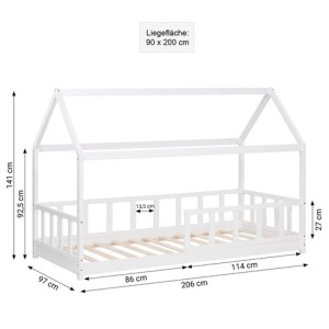 Homestyle4u Bodenbett 90x200 mit Lattenrost in Weiß 2385
