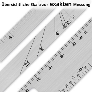 STAHLWERK Schmiege: Nahaufnahme der präzisen lasergeätzten Skalen für Winkel, metrische und imperiale Messungen.