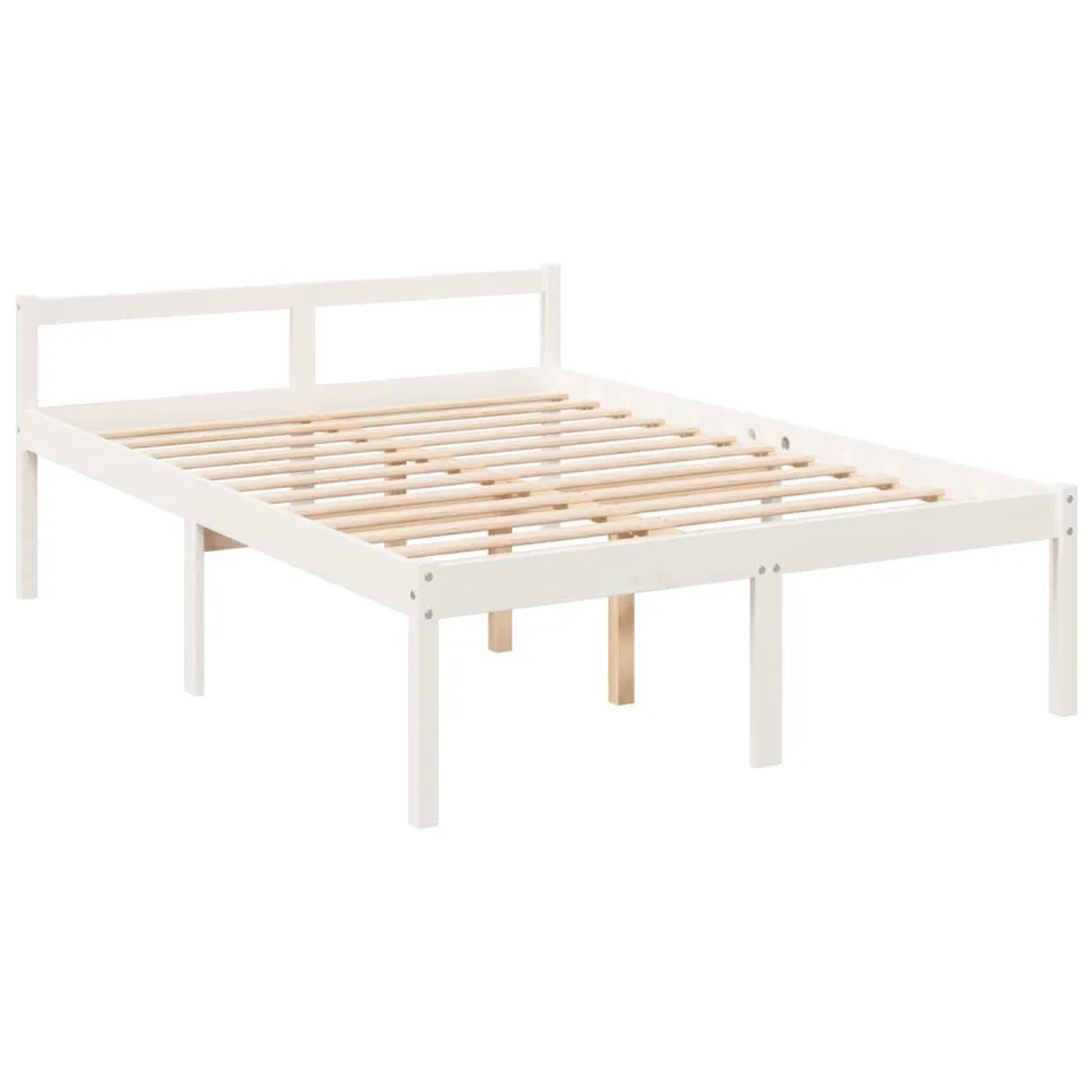 Weißes Massivholzbett 140x190 cm mit Lattenrost und Kopfteil.