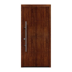 EcoStar Haustür Isopro Secur IPS 015 in Dark Oak mit Edelstahlgriff, Ansicht von vorne.