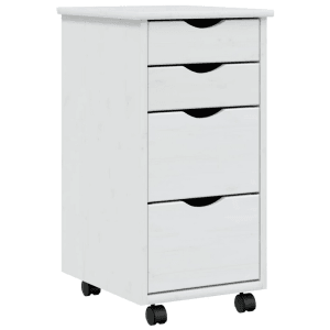 Weißer vidaXL Rollschrank MOSS mit 4 Schubladen aus Kiefernholz.