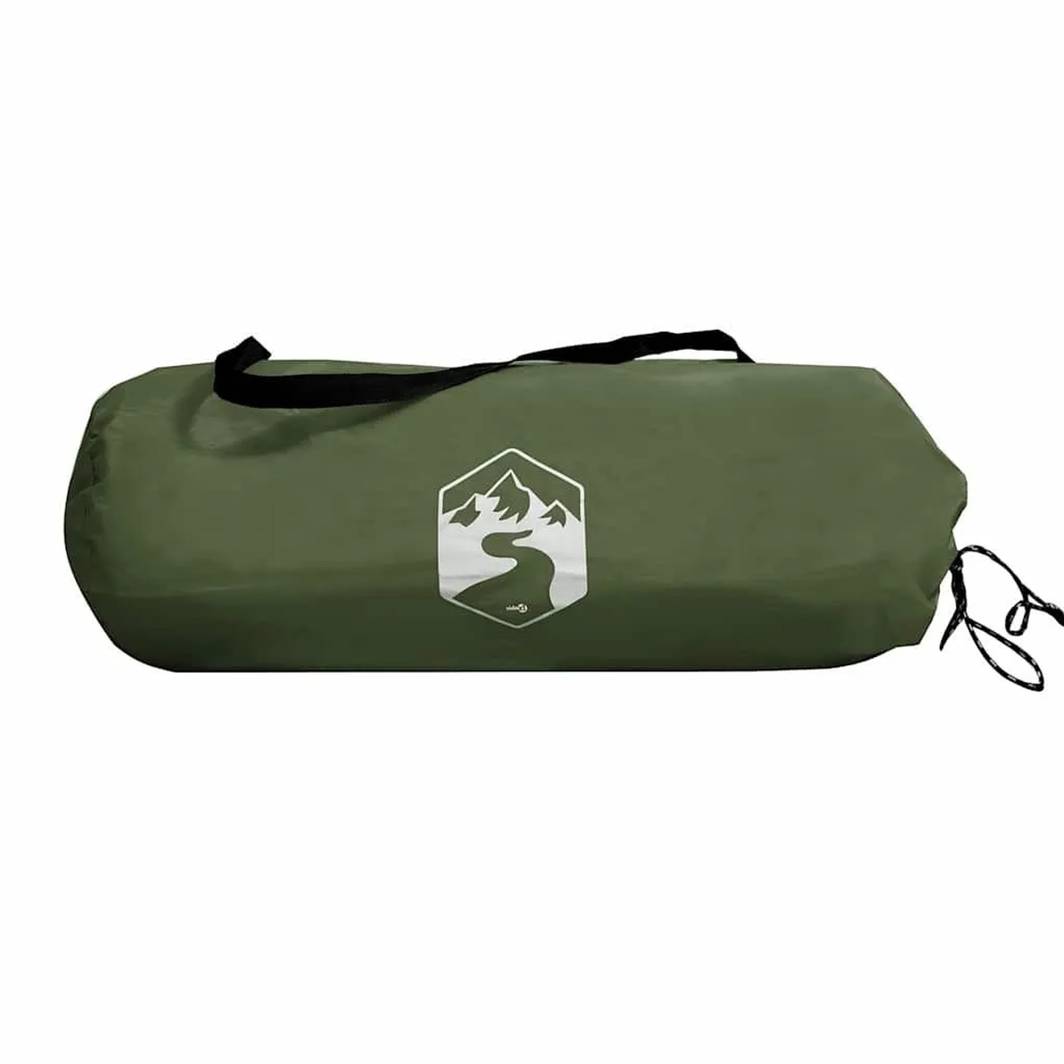 Olivgrünes vidaXL Duschzelt in Tragetasche mit weißem Berg-Fluss-Logo. Perfekt für Camping & Zubehör.