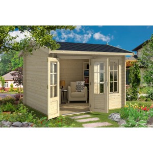 Lasita Maja Gartenhaus Alex, naturbelassenes Holz mit Doppeltür und überdachtem Bereich.