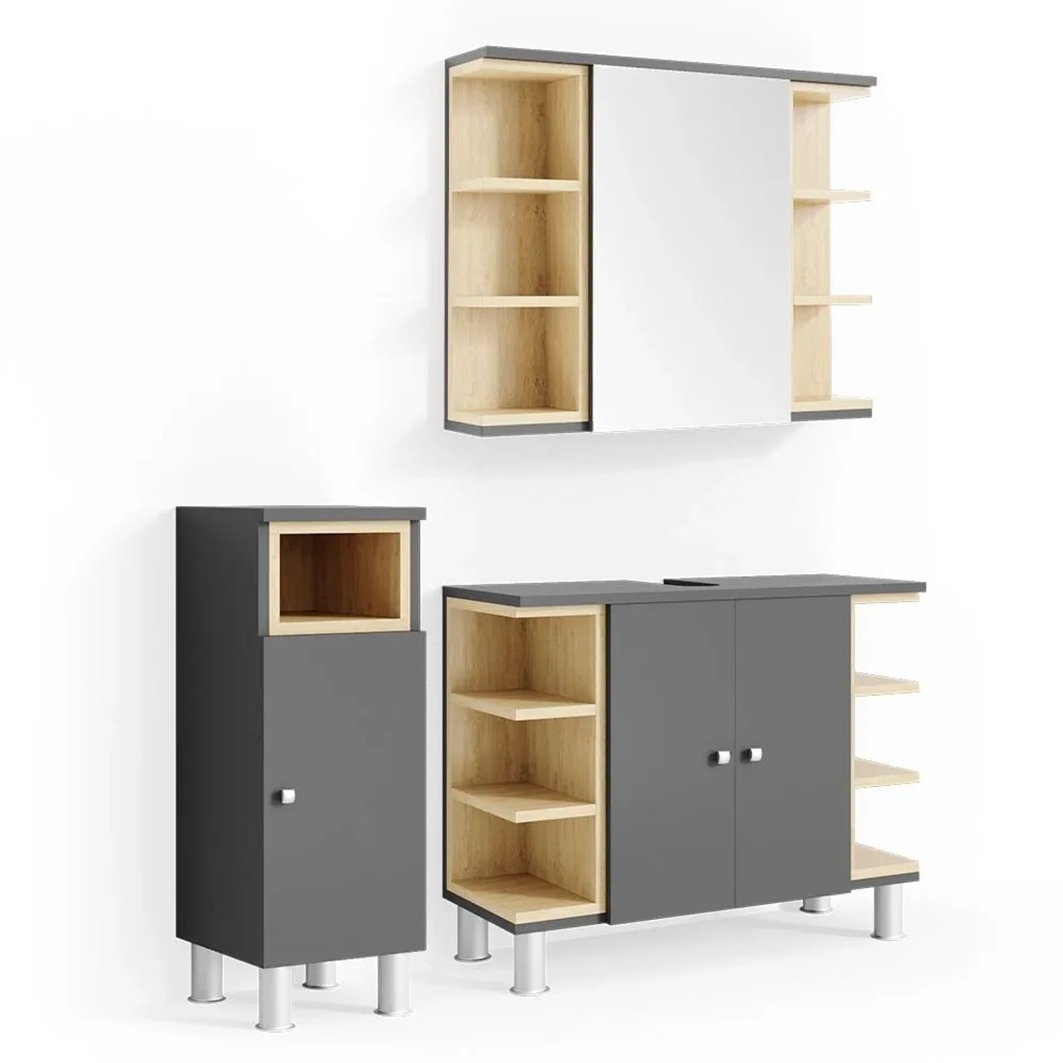 Vicco Badmöbel-Set Aquis Anthrazit 80 x 64 3-teilig