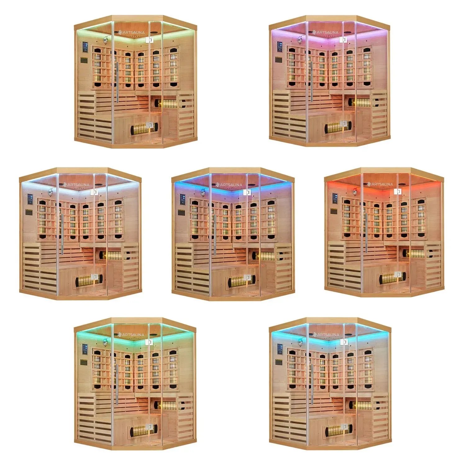 Artsauna Infrarotkabine Kiruna150 aus Hemlockholz mit LED-Farblicht in verschiedenen Farben.