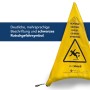 Gelbes, faltbares Warnschild "Achtung Rutschgefahr" mit schwarzem Piktogramm.