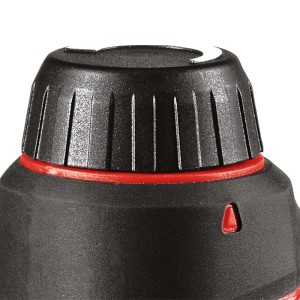 Schwarzes, geriffeltes Einstellrad mit rotem Ring und Markierung an einem Einhell Werkzeug aus dem Set.