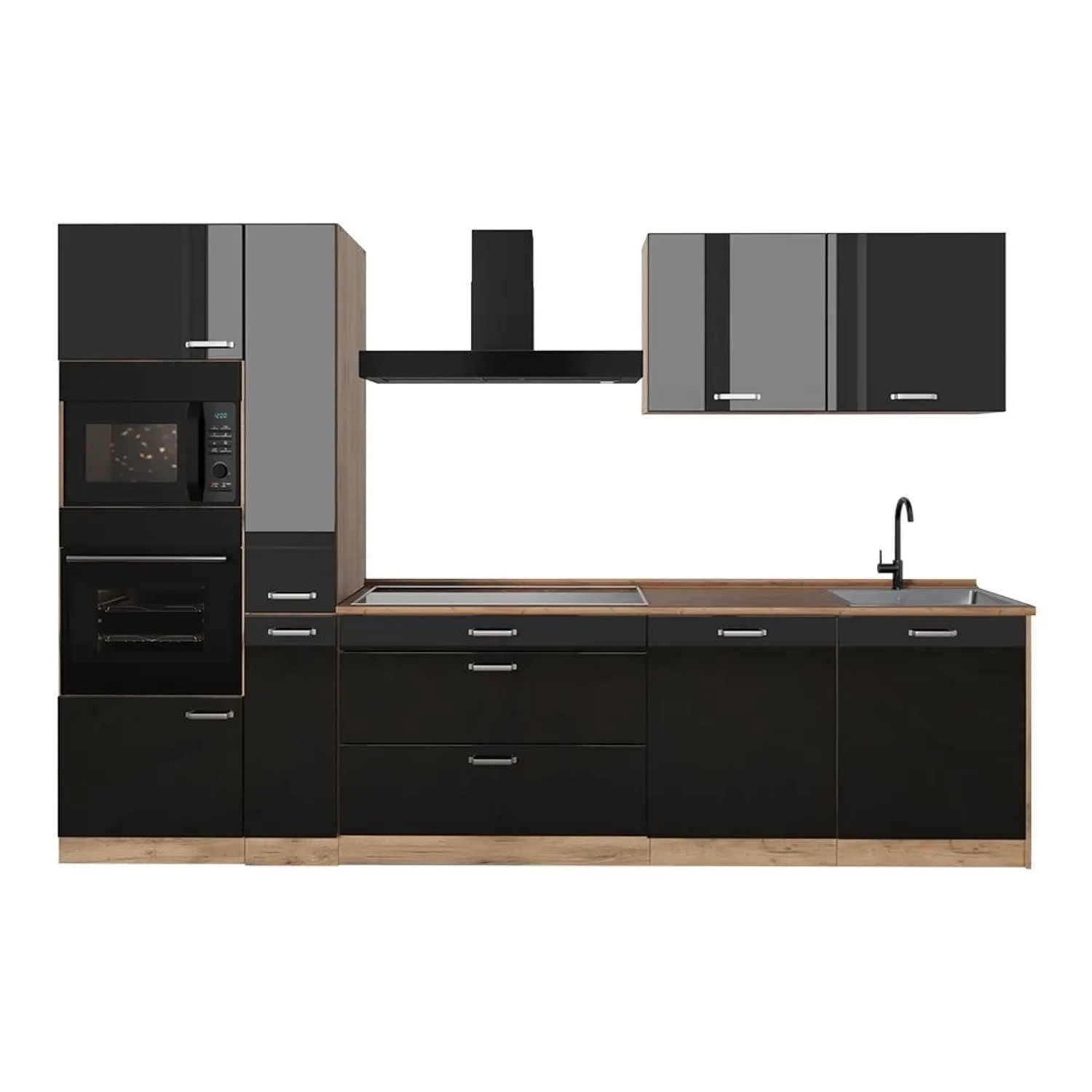 Vicco Küchenzeile R-Line Schwarz Hochglanz/Goldkraft Eiche 310 x 207 ohne Arbeitsplatte Art Nr 66448
