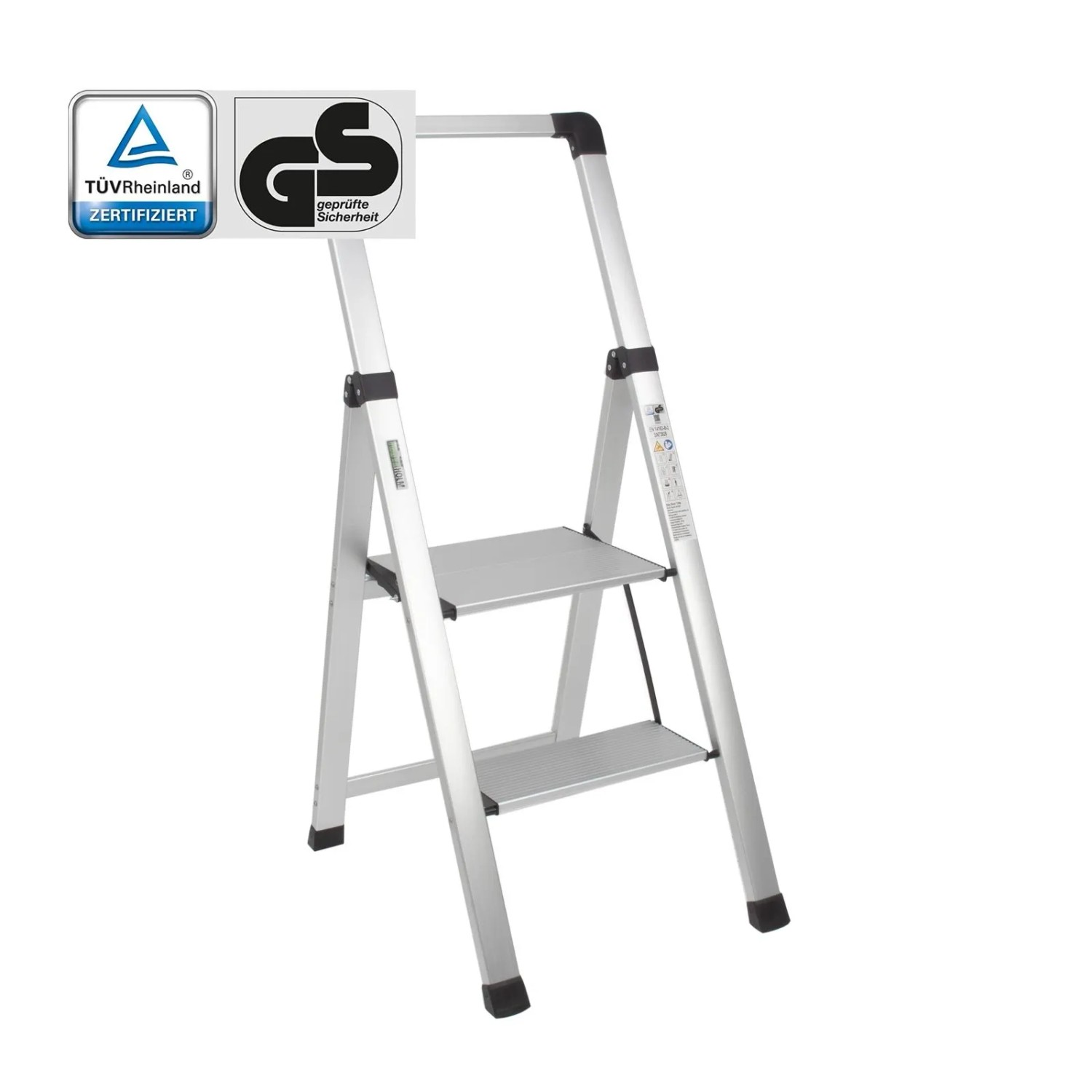 TRUTZHOLM Alu Trittleiter, 2 Stufen, klappbar, mit Handlauf, silber.