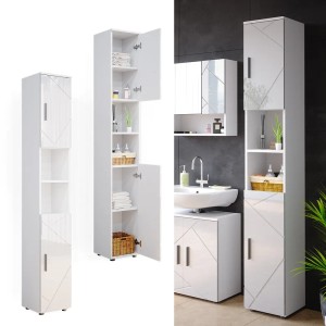 Vicco Badschrank Irma, weiß hochglanz, 30x192 cm, mit offenen Fächern und Türen für Badartikel.
