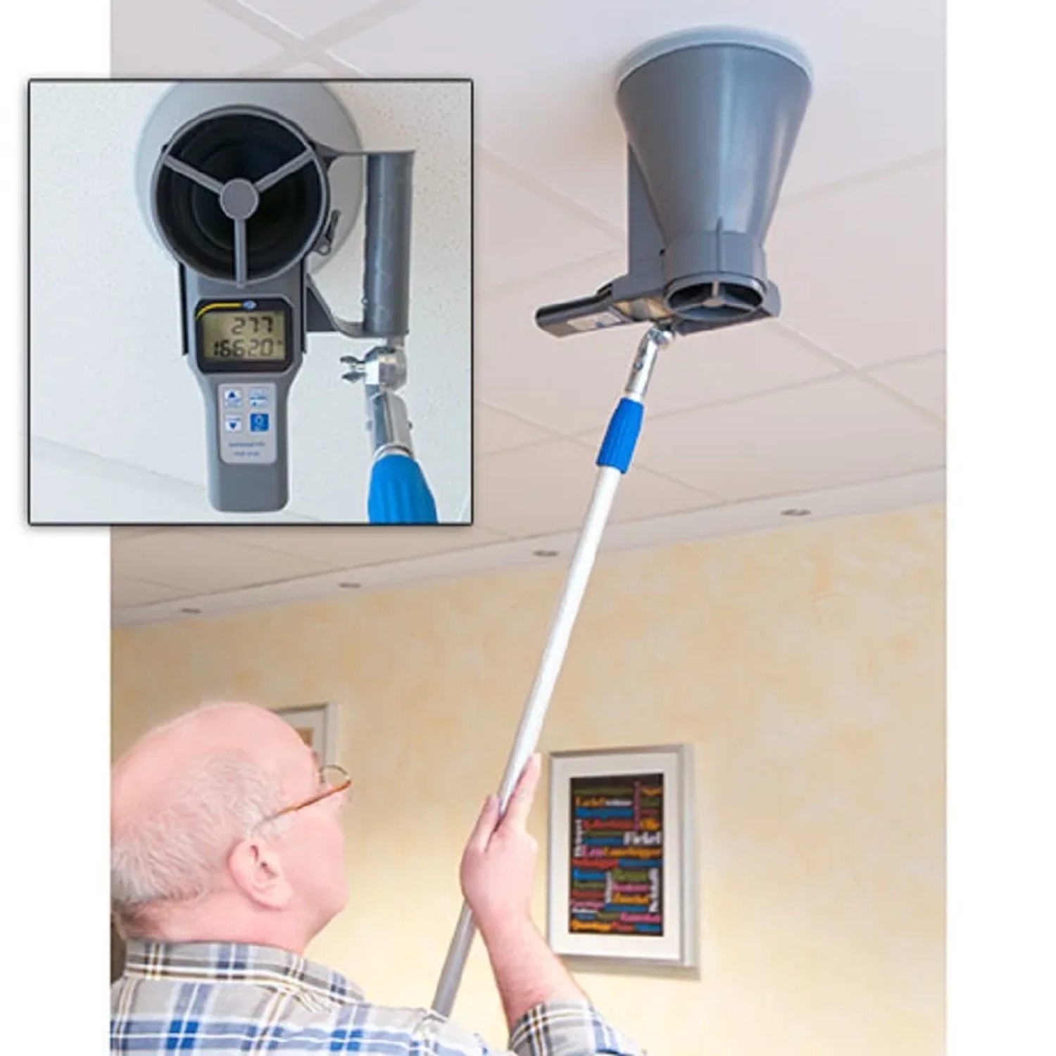 PCE Instruments Anemometer VA 20 zur Windmessung an der Decke mit Teleskopstange.