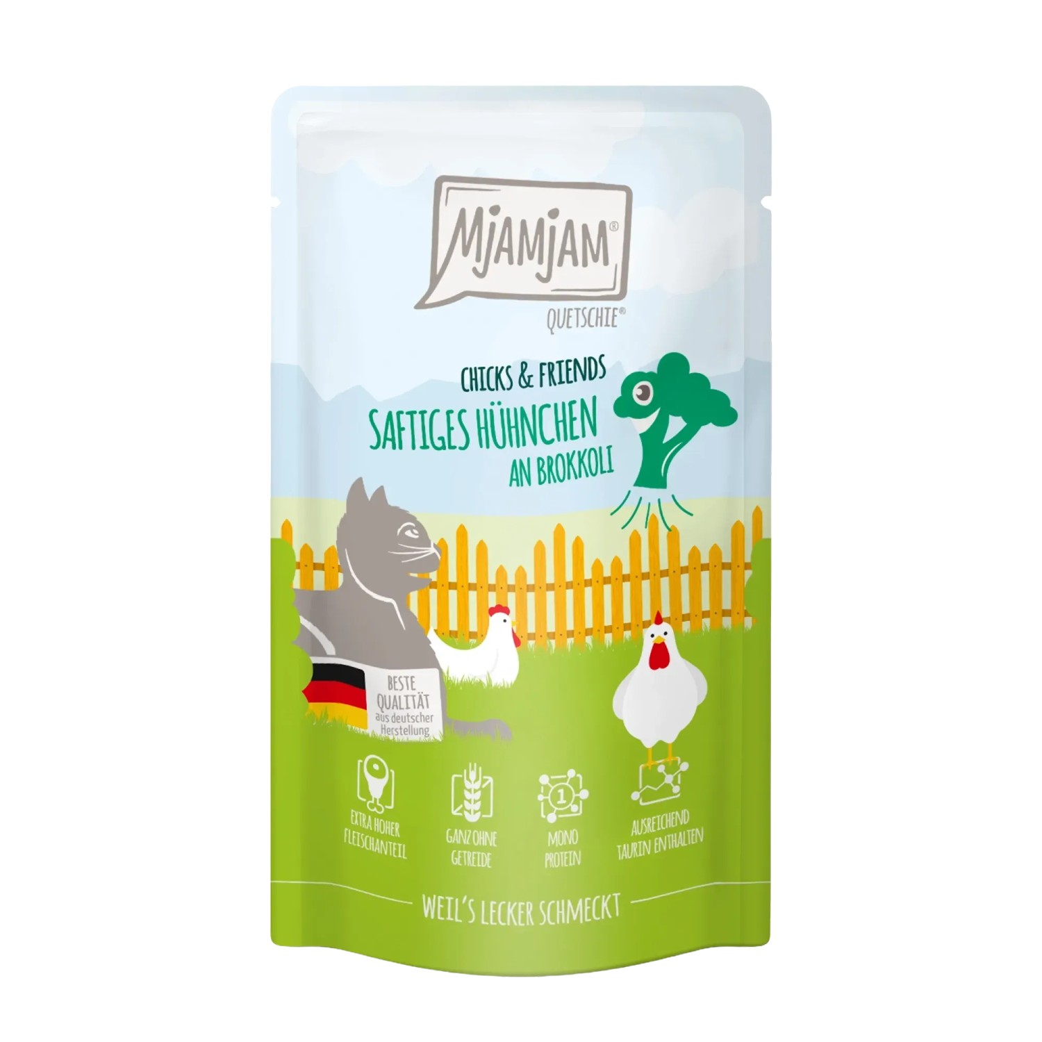 Mjamjam Katzen-Nassfutter Quetschie Chicks & Friends Hühnchen & Brokkoli 125 g