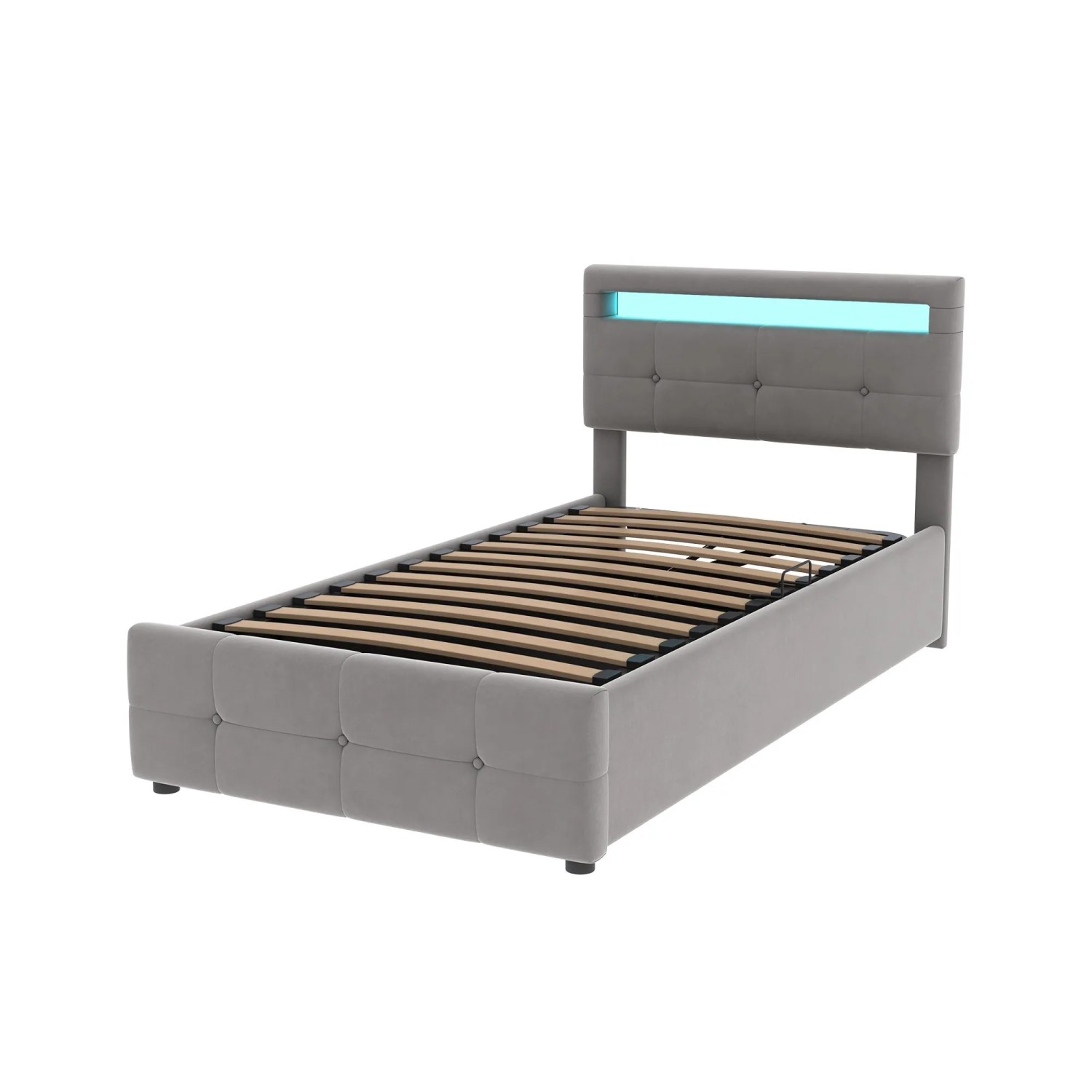 Merax Kinderbett 90x200cm LED Hydraulik Stauraum Samt Grau
