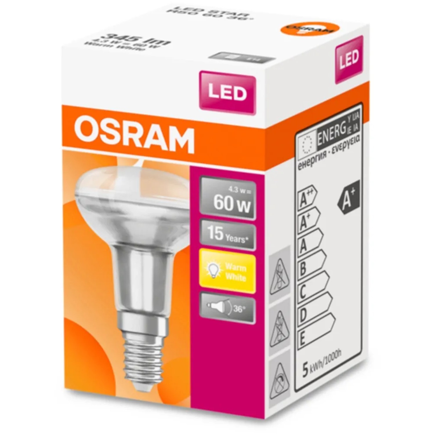 Osram LED Reflektorlampe E14, 4,3W, warmweiß, R50, 8,5x5cm. Energiesparend und langlebig.