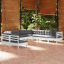 9-teiliges Garten Lounge Set aus Kiefernholz, weiß lackiert, mit anthrazitfarbenen Kissen.