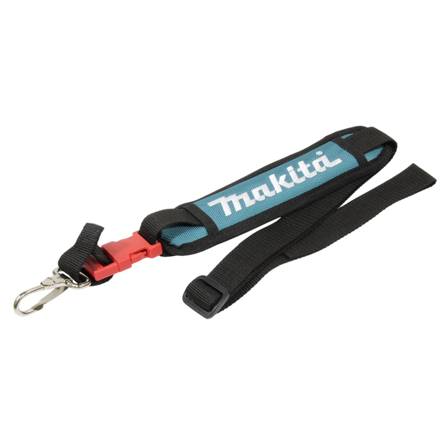 Makita Tragegurt für Akkugeräte, blau/schwarz mit Karabinerhaken.