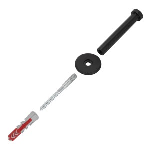 SOTECH Garderobenhaken TALEA, schwarz matt, 70mm. Zerlegte Ansicht mit Haken, runder Platte, Schraube und Dübel.