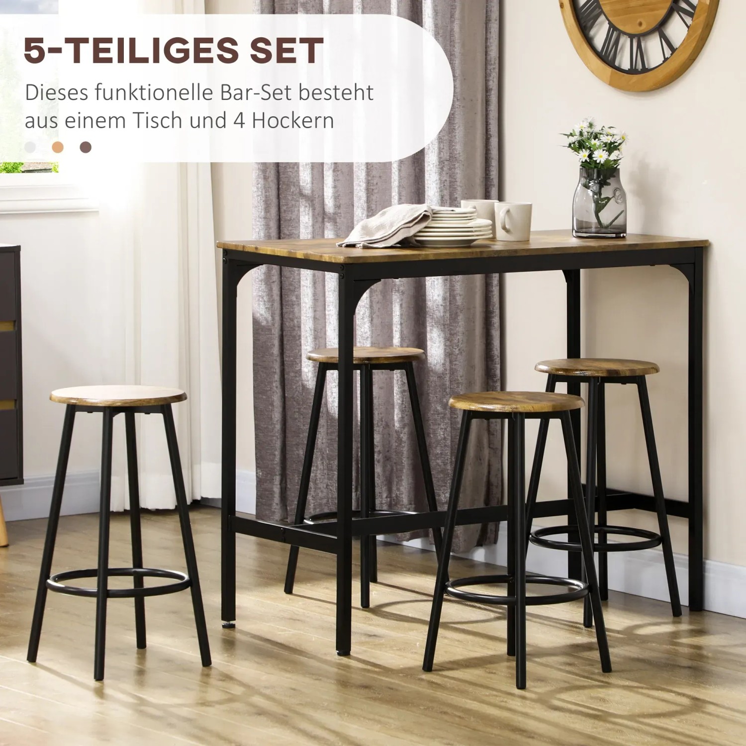 HOMCOM Bartisch-Set, 5-teilig im Industrie-Design mit Tisch und 4 Barhockern in Braun.