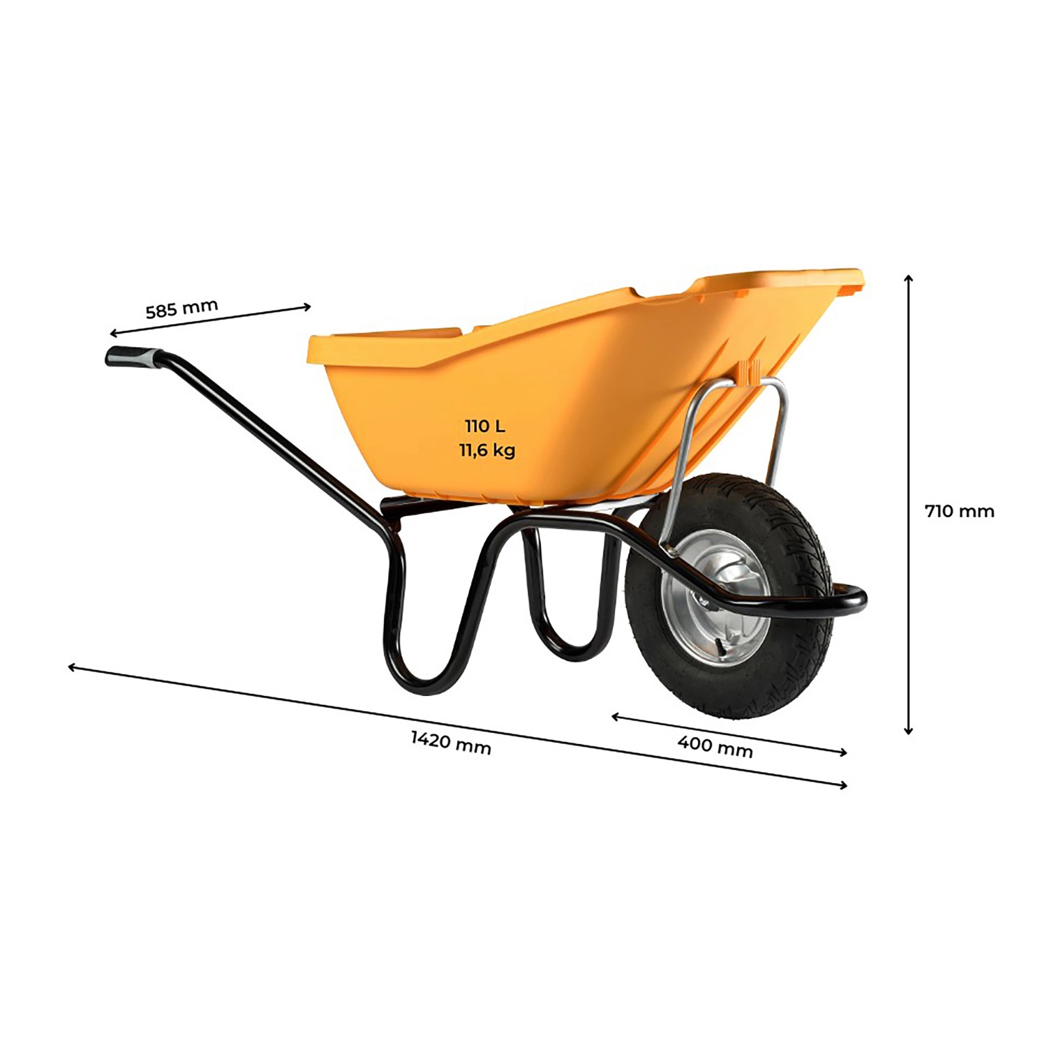 Gelbe Haemmerlin Schubkarre Pick Up mit 110 l Kunststoffmulde und Luftrad.