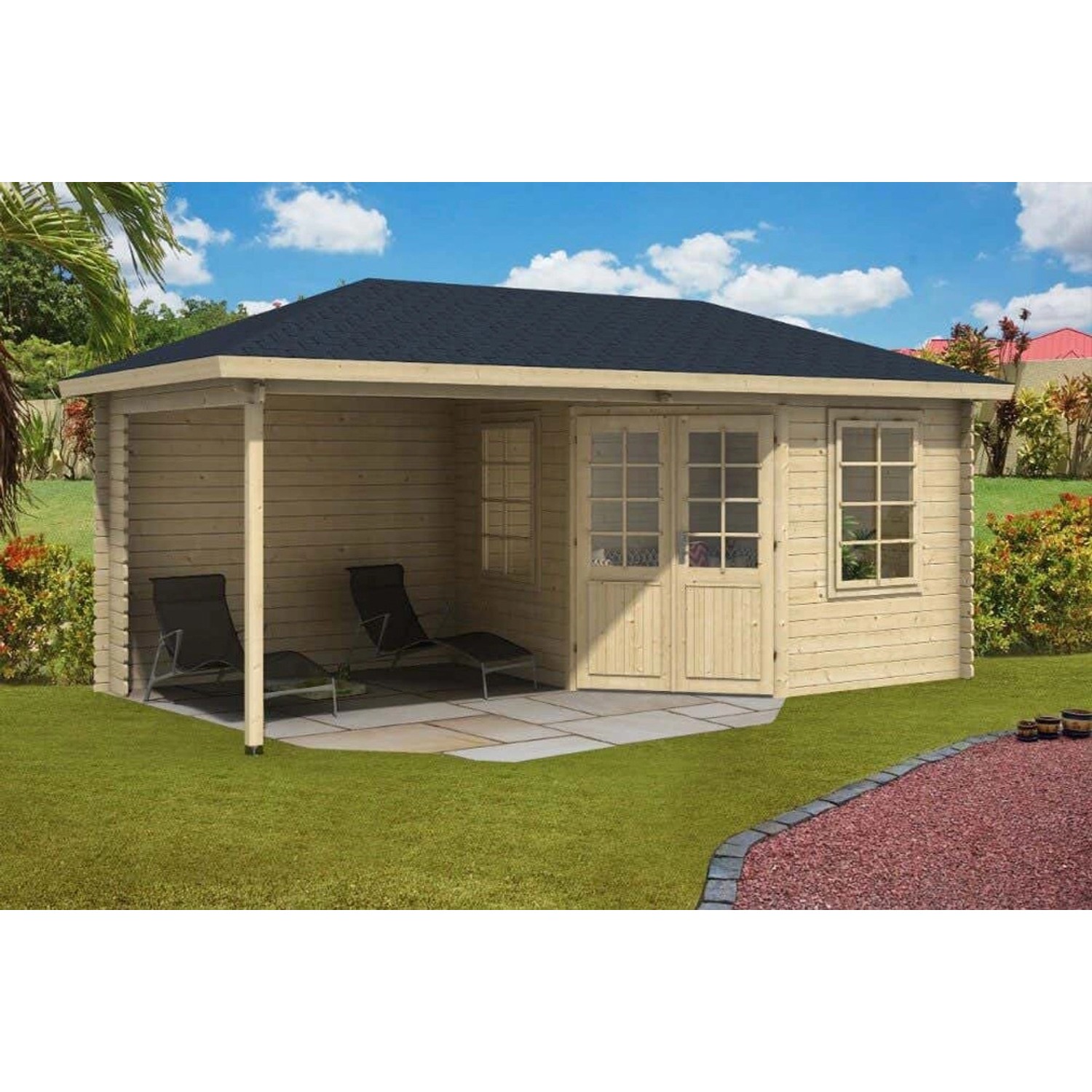 Tene Kaubandus Gartenhaus Catania-40 ISO Walmdach 596 cm x 320 cm Hellbraun günstig online kaufen