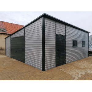 Liderstal Blechgarage Basic 700x700cm mit Pultdach, Schwingtor und Tür. Wände Aluminium, Tor Graphit.