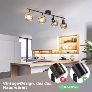 Schwarzer NETTLIFE Deckenstrahler mit 4 rauchfarbenen Glaskugeln in Küche. Dimmbarer, drehbarer Vintage-Spot aus Metall, rostfrei.