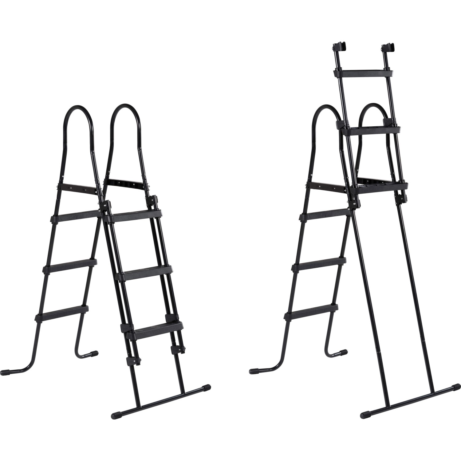 Poolleiter für Stahlrahmen Pool, schwarz, mit Sicherheitsfunktion und vier Stufen.