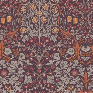 Vliestapete Blackthorn von William Morris at Home mit Blumenmuster in Lila, Rot und Gelb.
