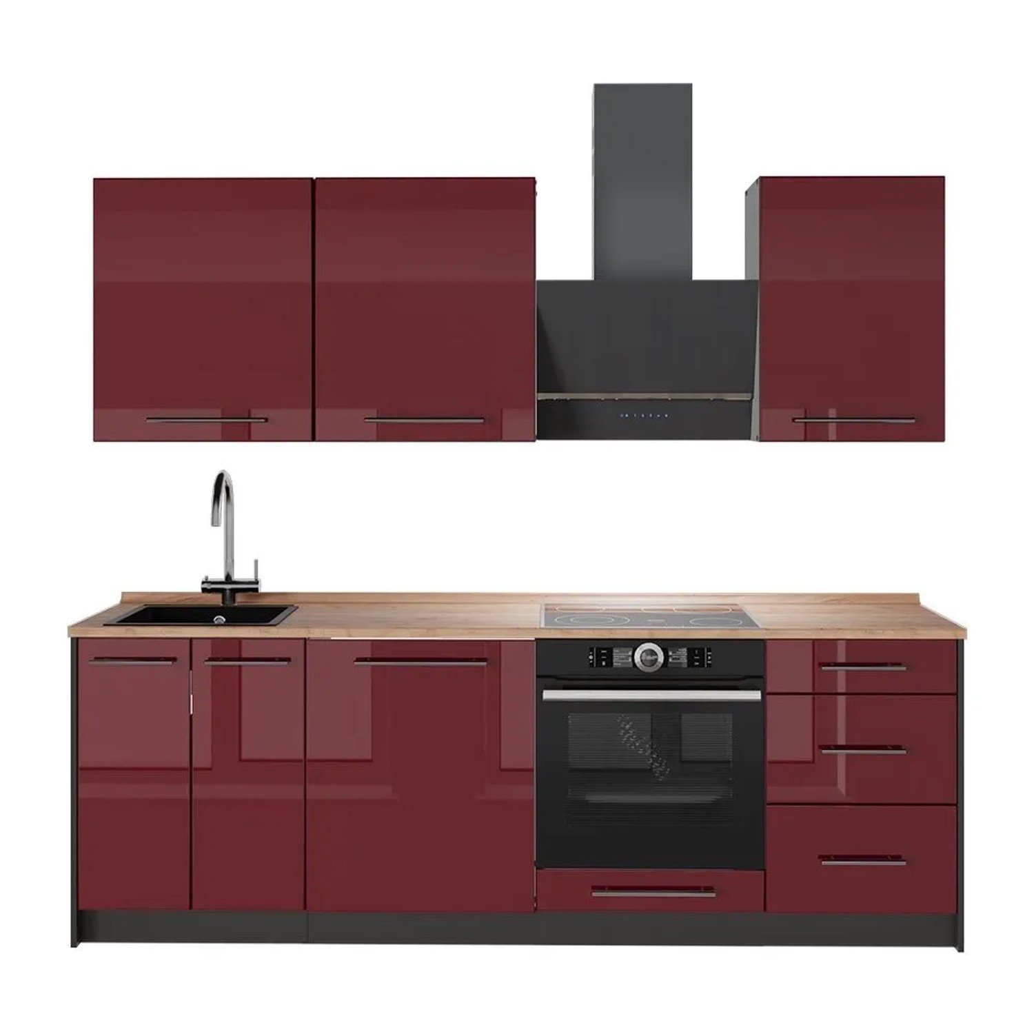 Vicco Küchenzeile Fame-Line Bordeaux Hochglanz/Anthrazit 230 x 82 AP Eiche Art Nr 63965