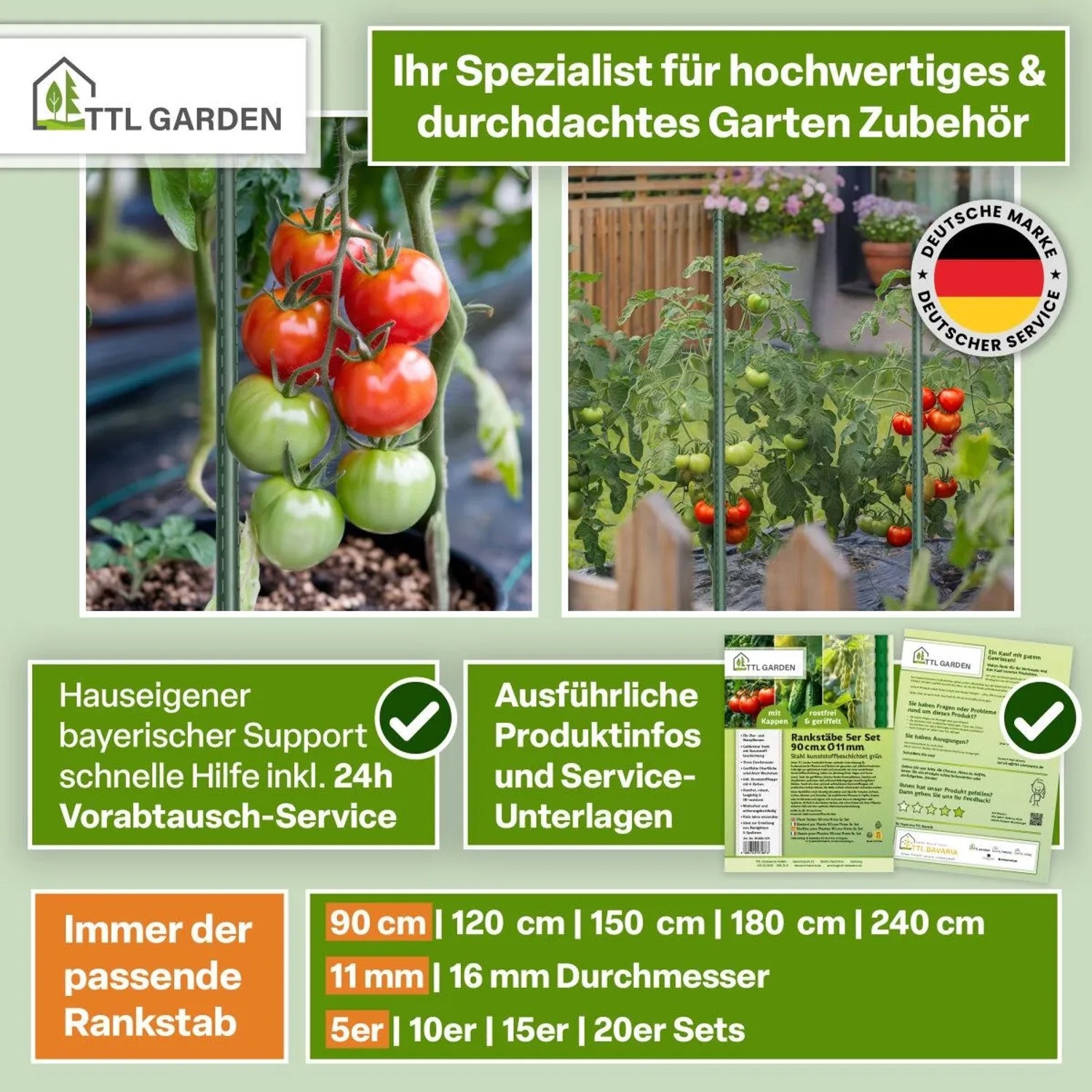 TTL GARDEN Rankstäbe 90cm, 5er Set, grün, zur Unterstützung von Tomatenpflanzen im Garten.