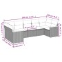 Beige 7-teilige Garten-Sofagarnitur aus Polyrattan mit Kissen, Maße eingezeichnet.