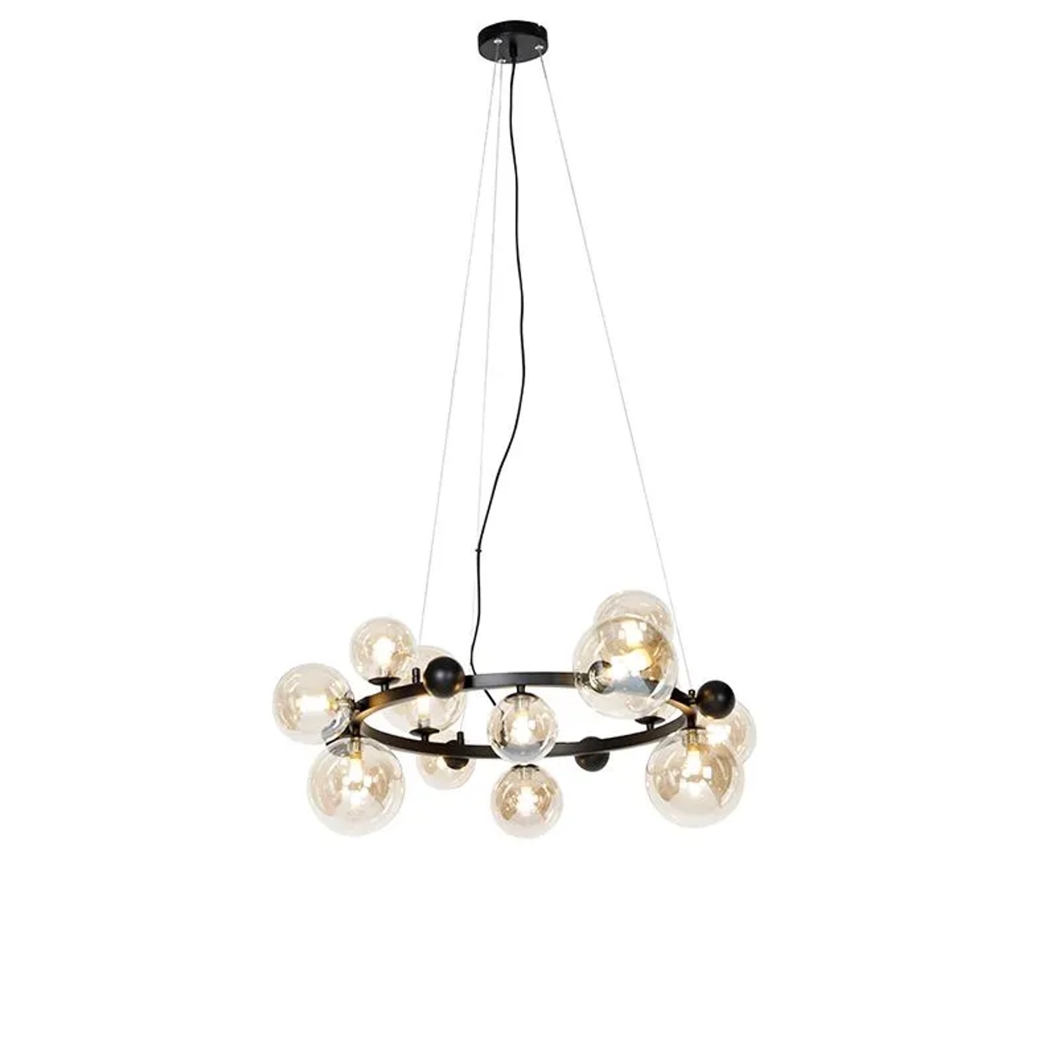 QAZQA Art Deco Hängelampe Schwarz mit Bernsteinfarbenem Glas 12 Lichter   David