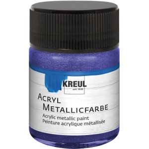 Kreul Acrylfarbe Metallic Violett, 50 ml, im Glas mit schwarzem Deckel.