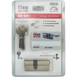 Iseo Profilzylinder R6 SPI 30/40, 5 Schlüssel, Sicherungskarte, Messing matt vernickelt, Not- und Gefahrenfunktion.