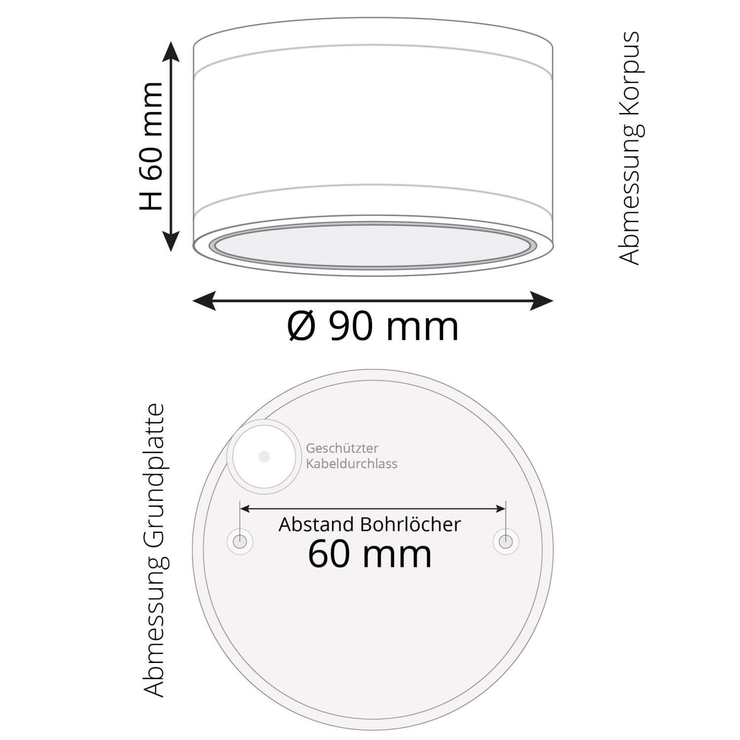 Technische Zeichnung der anthrazitfarbenen LED Aufbauleuchte CELI-WX mit Maßangaben.